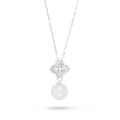 Sterling Silver 925 Necklace Rhodium Plated Embedded With Natural White Pearl And White Zircon