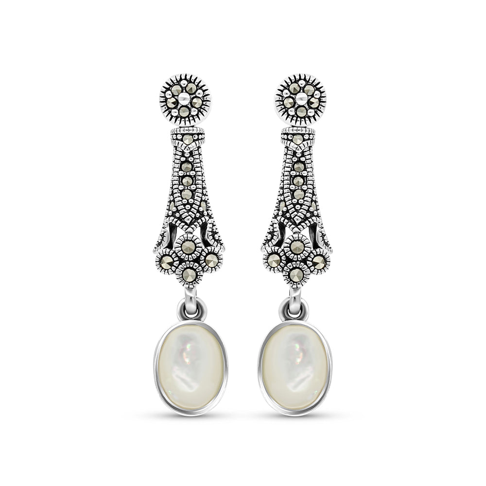 Sterling Silver 925 Earring Embedded With Natural White Shell And Marcasite Stones