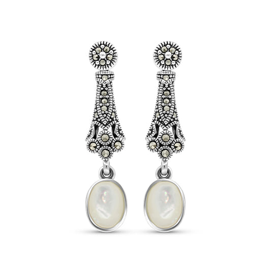 Sterling Silver 925 Earring Embedded With Natural White Shell And Marcasite Stones