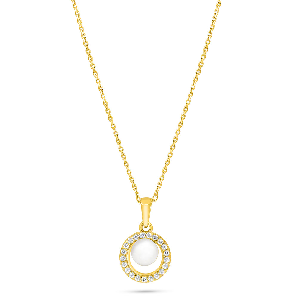Sterling Silver 925 Necklace Golden Plated Embedded With Natural White Pearl And White Zircon