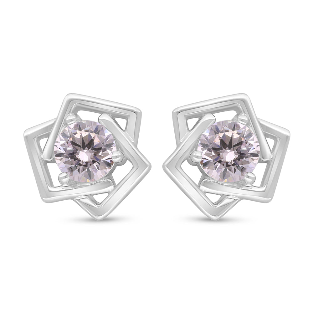 Sterling Silver 925 Earring Rhodium Plated Embedded With Pink Zircon