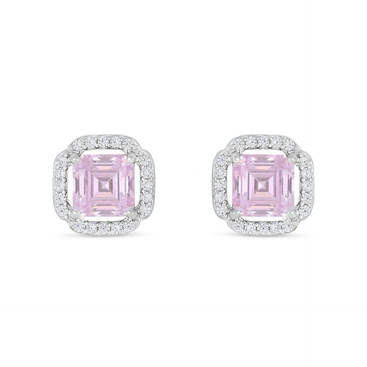 Sterling Silver 925 Earring Rhodium Plated Embedded With Pink Zircon And White Zircon