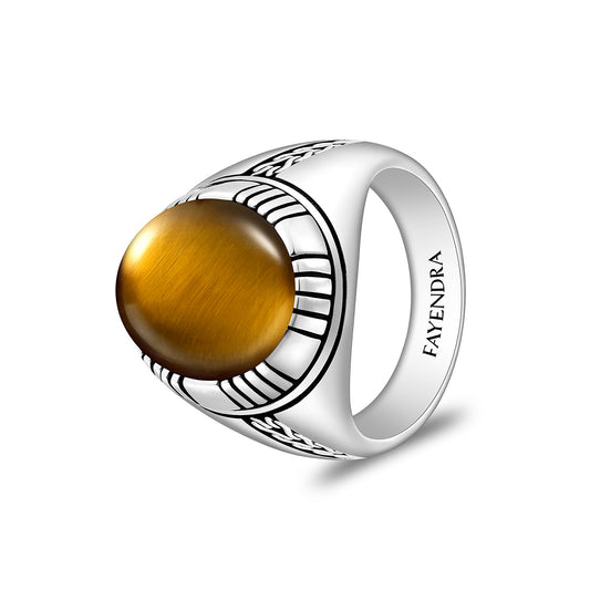 Sterling Silver 925 Ring Rhodium And Black Plated Embedded With Cabochon Yellow Tiger Eye For Men