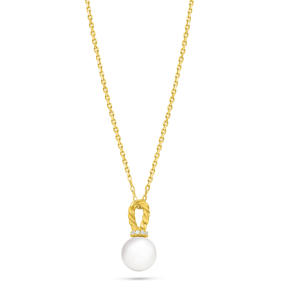 Sterling Silver 925 Necklace Golden Plated Embedded With Natural White Pearl And White Zircon