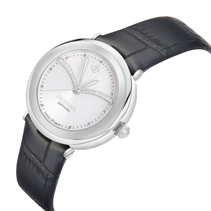 ساعة ستانلس ستيل عيار L316 بلون فضي جلد اسود و فص ابيض - مينا معدنية باللون الفضي