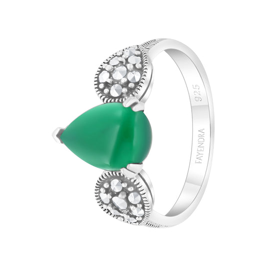 Sterling Silver 925 Ring Embedded With Natural Green Agate And Marcasite Stones