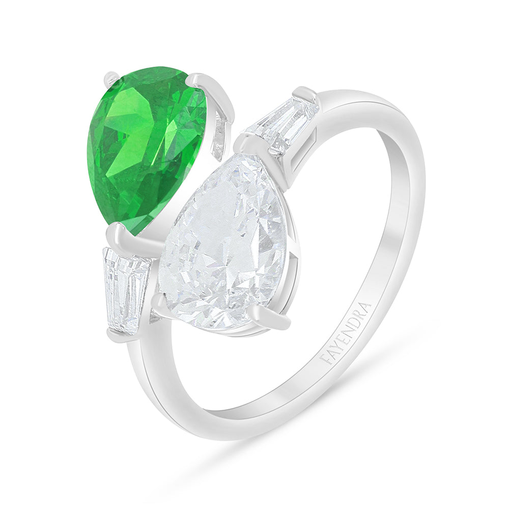 خاتم من الفضة الخالصة عيار 925 مطلي روديوم مرصع زركون زمردي و فص ابيض