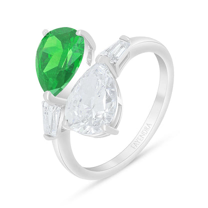 خاتم من الفضة الخالصة عيار 925 مطلي روديوم مرصع زركون زمردي و فص ابيض