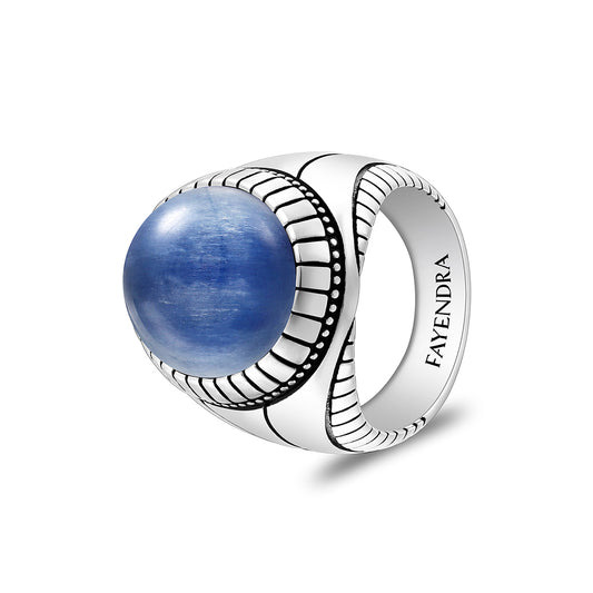 Sterling Silver 925 Ring Rhodium And Black Plated Embedded With Cabochon Natural Kyanite For Men