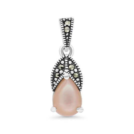 Sterling Silver 925 Pendant Embedded With Natural Pink Shell And Marcasite Stones