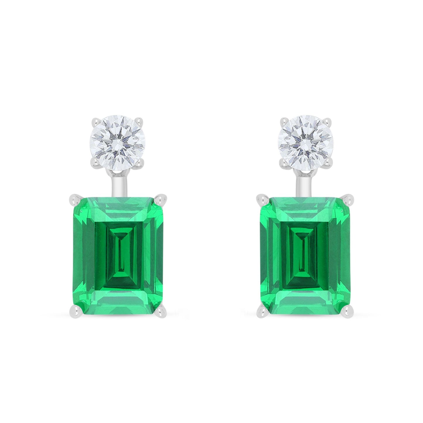 Sterling Silver 925 Earring Rhodium Plated Embedded With Emerald Zircon And White Zircon