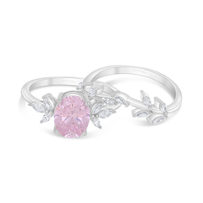 Sterling Silver 925 Ring (Twins) Rhodium Plated  Embedded With Pink Zircon And White Zircon