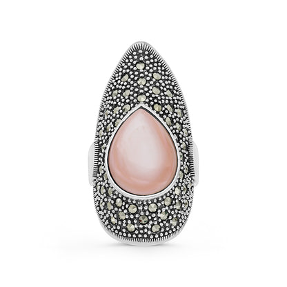 Sterling Silver 925 Ring Embedded With Natural Pink Shell And Marcasite Stones