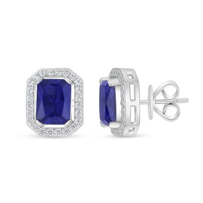 Sterling Silver 925 Earring Rhodium Plated Embedded With Sapphire Corundum And White Zircon