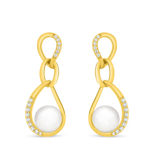 Sterling Silver 925 Earring Golden Plated Embedded With Natural White Pearl And White Zircon
