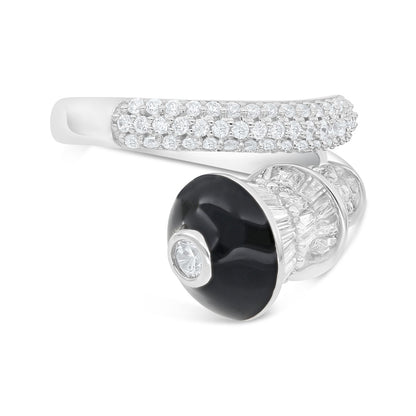 Sterling Silver 925 Ring Rhodium Plated Embedded With Black Enamel And White Zircon