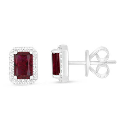 Sterling Silver 925 Earring Rhodium Plated Embedded With Ruby Corundum And White Zircon
