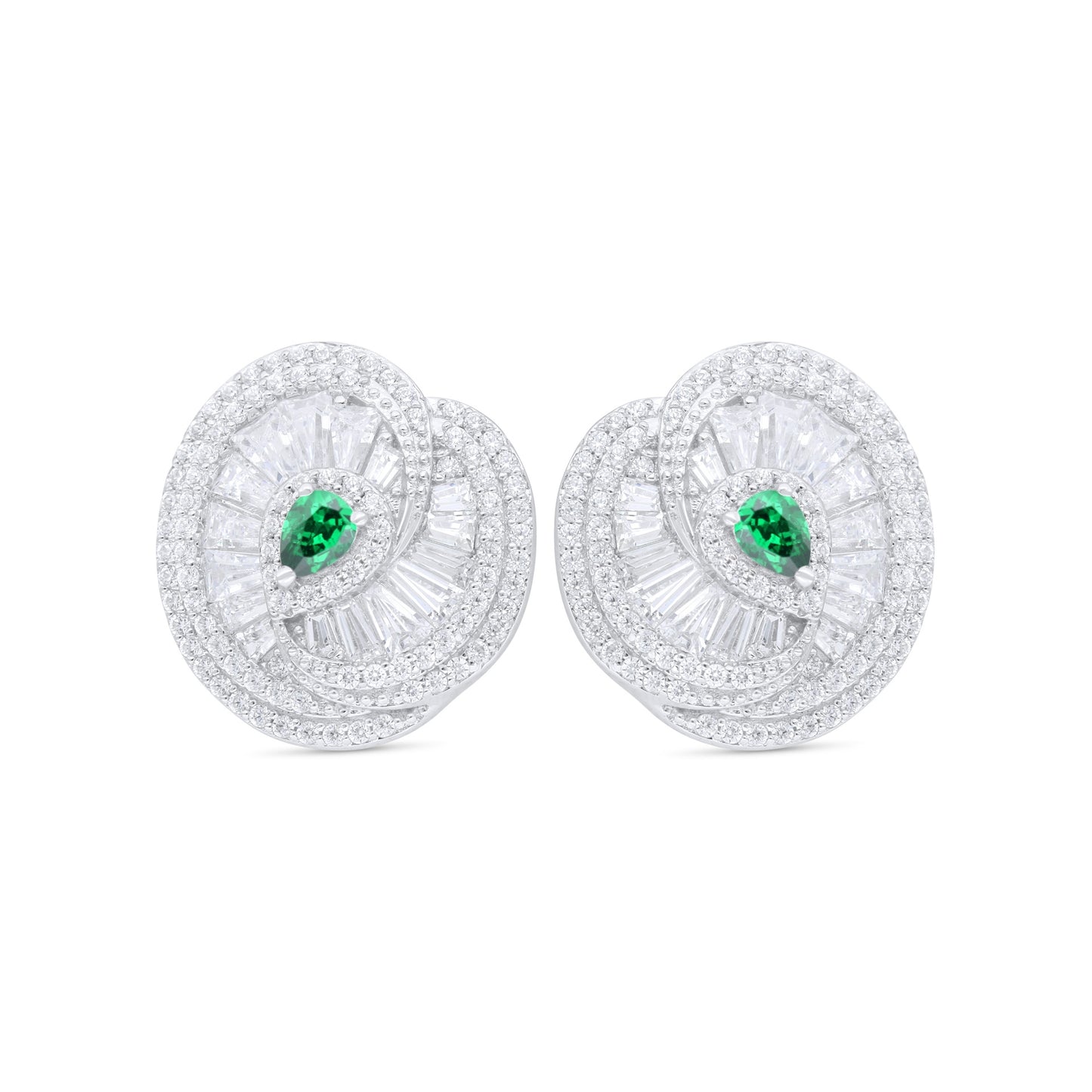 Sterling Silver 925 Earring Rhodium Plated Embedded With Emerald Zircon And White Zircon