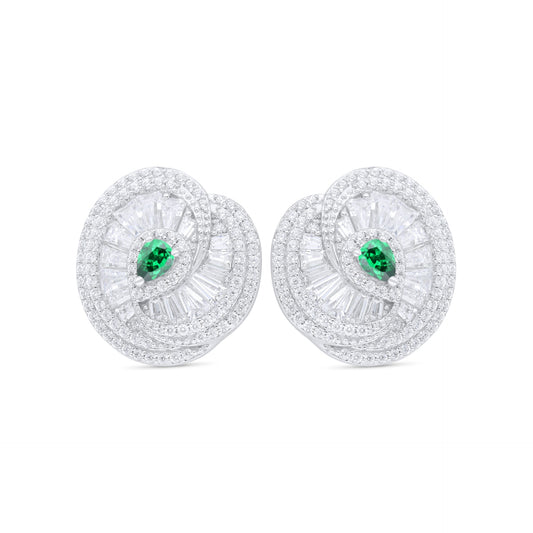 Sterling Silver 925 Earring Rhodium Plated Embedded With Emerald Zircon And White Zircon