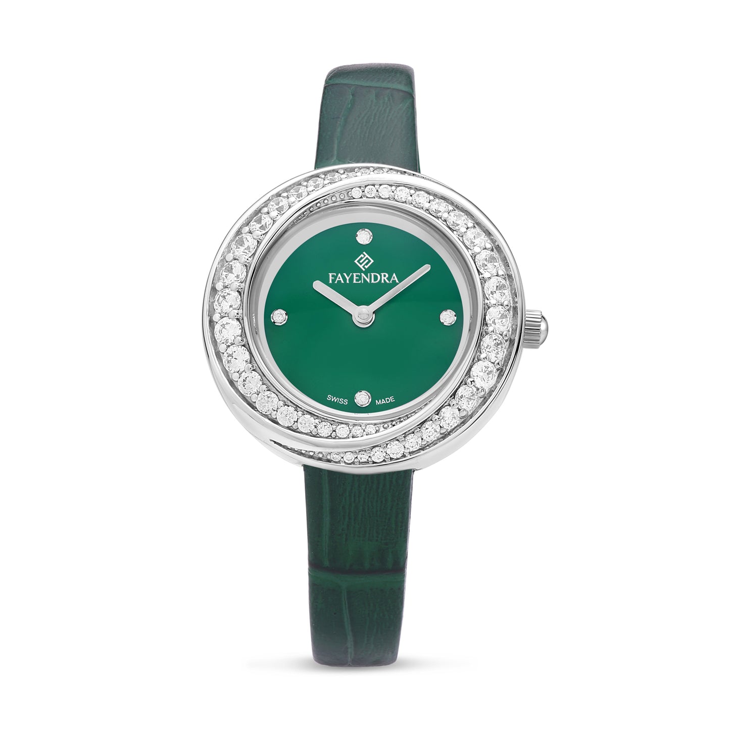 Stainless Steel 316 Watch Silver Color Green Leather Embedded With White Zircon - GREEN MOP DIAL