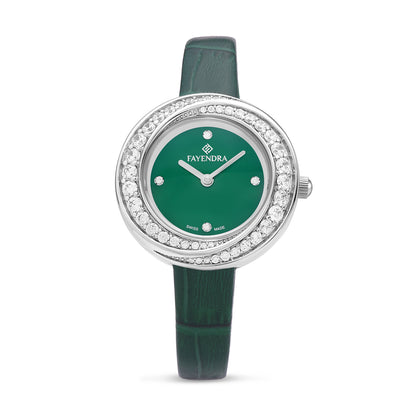 Stainless Steel 316 Watch Silver Color Green Leather Embedded With White Zircon - GREEN MOP DIAL