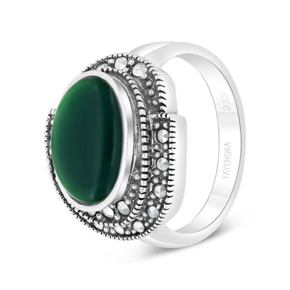 Sterling Silver 925 Ring Embedded With Natural Green Agate And Marcasite Stones