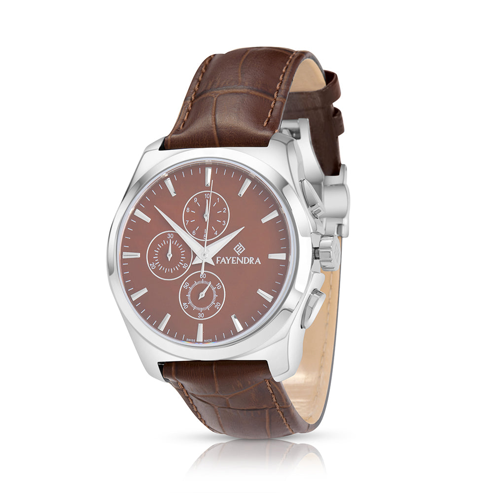 ساعة رجالي ستانلس ستيل عيار L316 بلون فضي جلد بني - مينا حجر صدف ام اللالئ البني