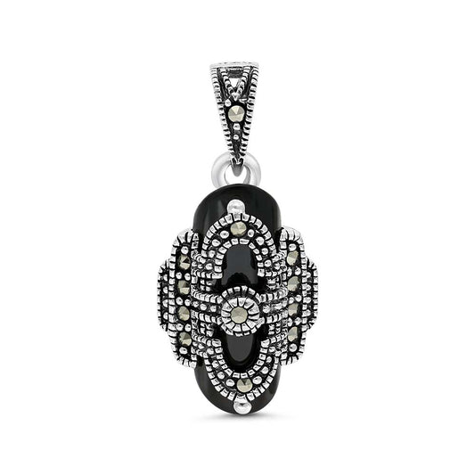 Sterling Silver 925 Pendant Embedded With Natural Black Agate And Marcasite Stones