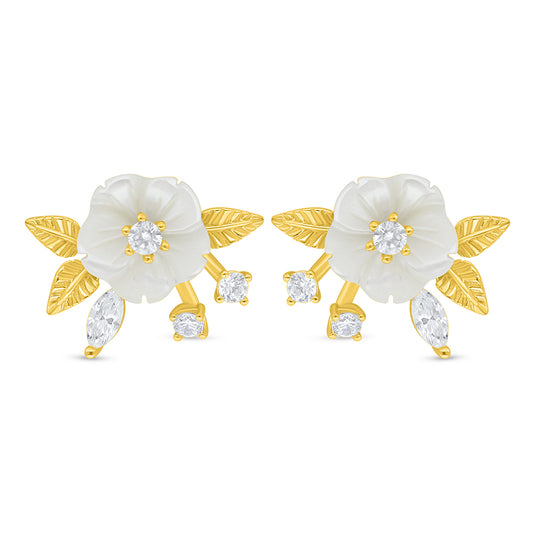 Sterling Silver 925 Earring Golden Plated Embedded With White Shell And White Zircon
