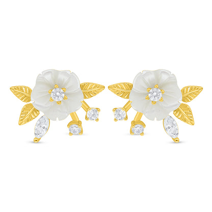 Sterling Silver 925 Earring Golden Plated Embedded With White Shell And White Zircon