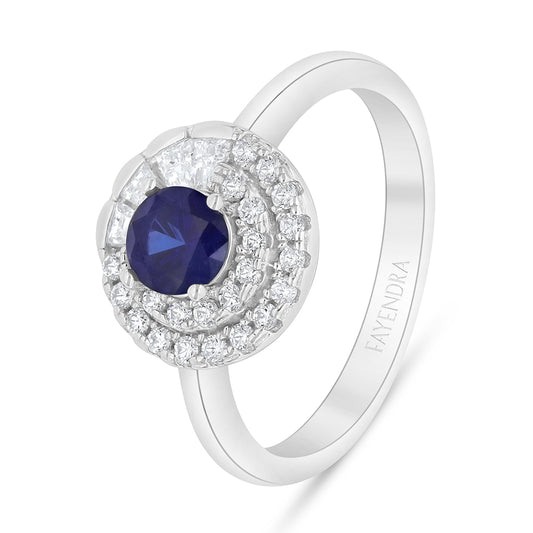 Sterling Silver 925 Ring Rhodium Plated Embedded With Sapphire Corundum And White Zircon
