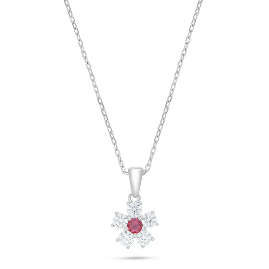 Sterling Silver 925 Necklace Rhodium Plated Embedded With Ruby Corundum And White Zircon