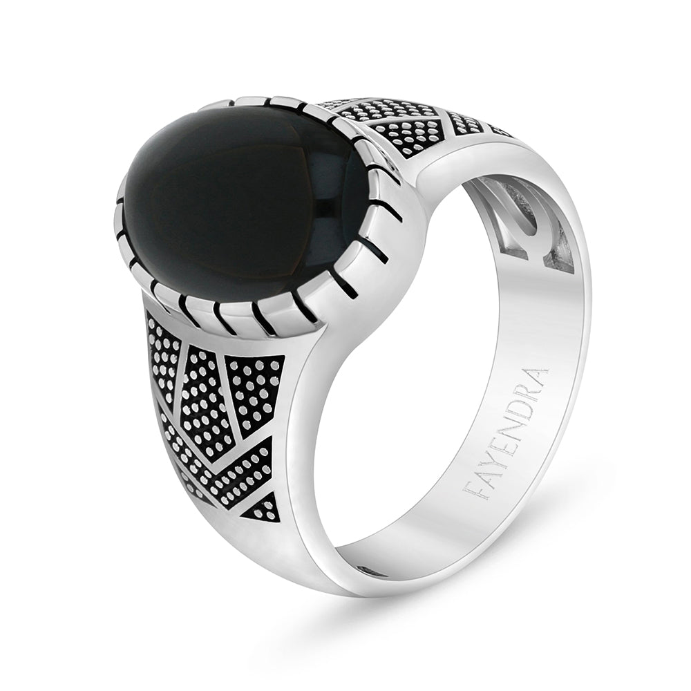 Sterling Silver 925 Ring Rhodium And Black Plated Embedded With Cabochon Black Agate For Men