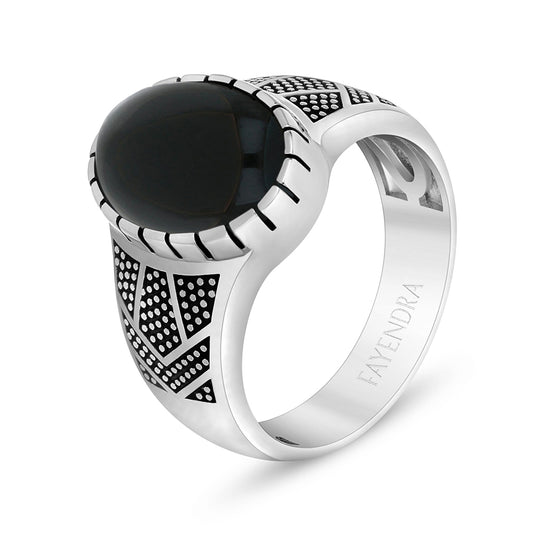 Sterling Silver 925 Ring Rhodium And Black Plated Embedded With Cabochon Black Agate For Men