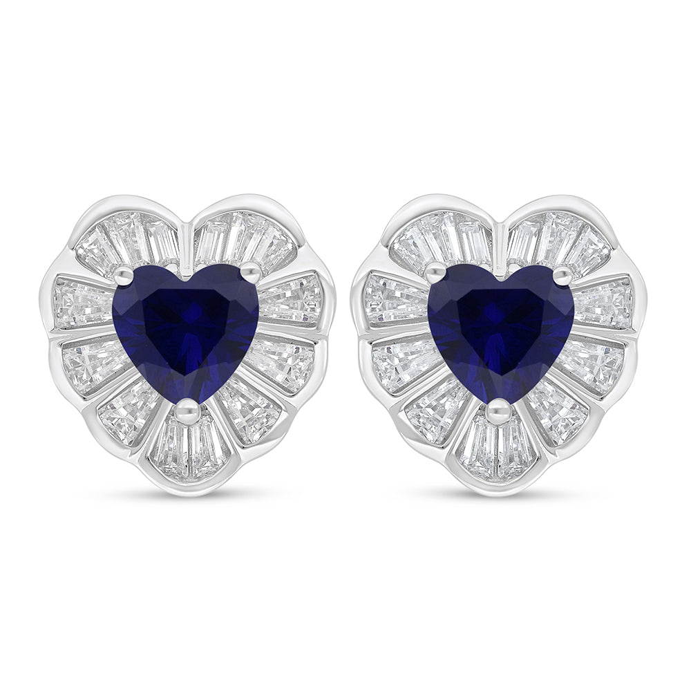 Sterling Silver 925 Earring Rhodium Plated Embedded With Sapphire Corundum And White Zircon
