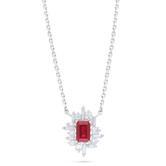 Sterling Silver 925 Necklace Rhodium Plated Embedded With Ruby Corundum And White Zircon