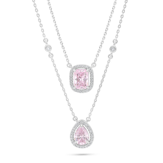 Sterling Silver 925 Necklace Rhodium Plated Embedded With Pink Zircon And White Zircon