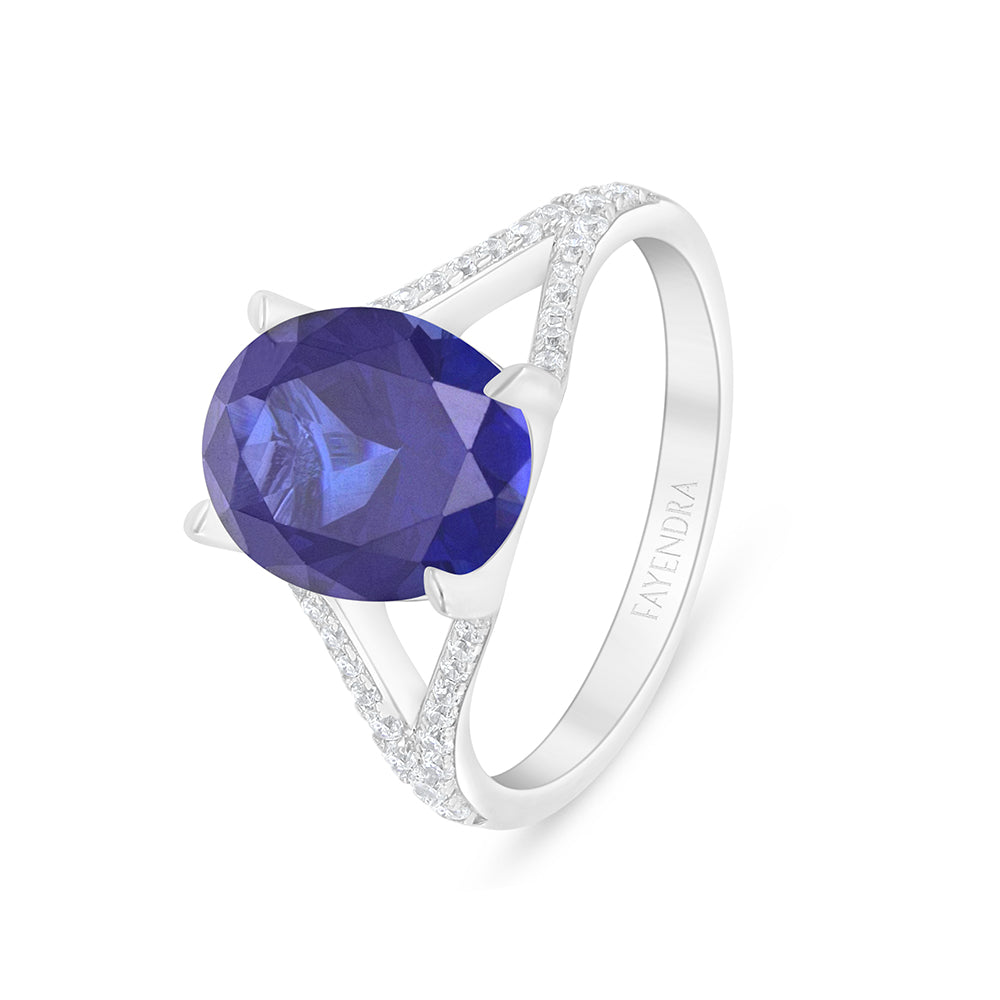 Sterling Silver 925 Ring Rhodium Plated Embedded With Sapphire Corundum And White Zircon
