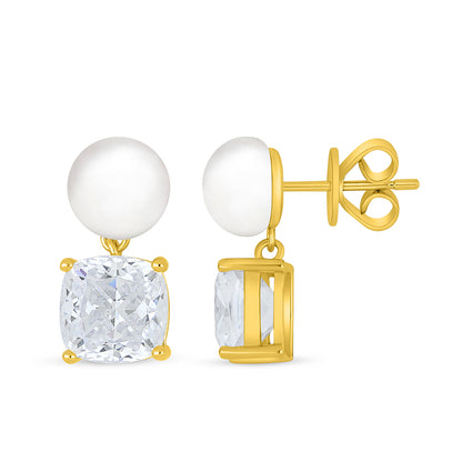 Sterling Silver 925 Earring Golden Plated Embedded With Natural White Pearl And Diamond Zircon