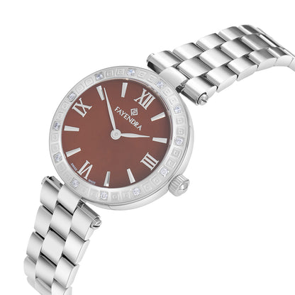 ساعة ستانلس ستيل عيار L316 بلون فضي و فص ابيض - مينا حجر صدف ام اللالئ البني