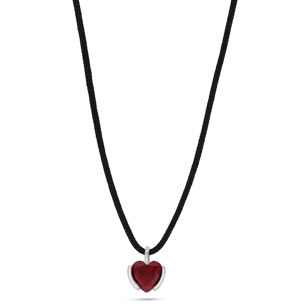Sterling Silver 925 Necklace Rhodium Plated Embedded With Ruby Corundum and Black cloth chain