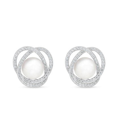 Sterling Silver 925 Earring Rhodium Plated Embedded With Natural White Pearl And White Zircon
