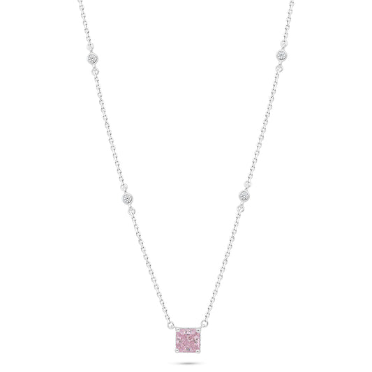 Sterling Silver 925 Necklace Rhodium Plated Embedded With Pink Zircon And White Zircon