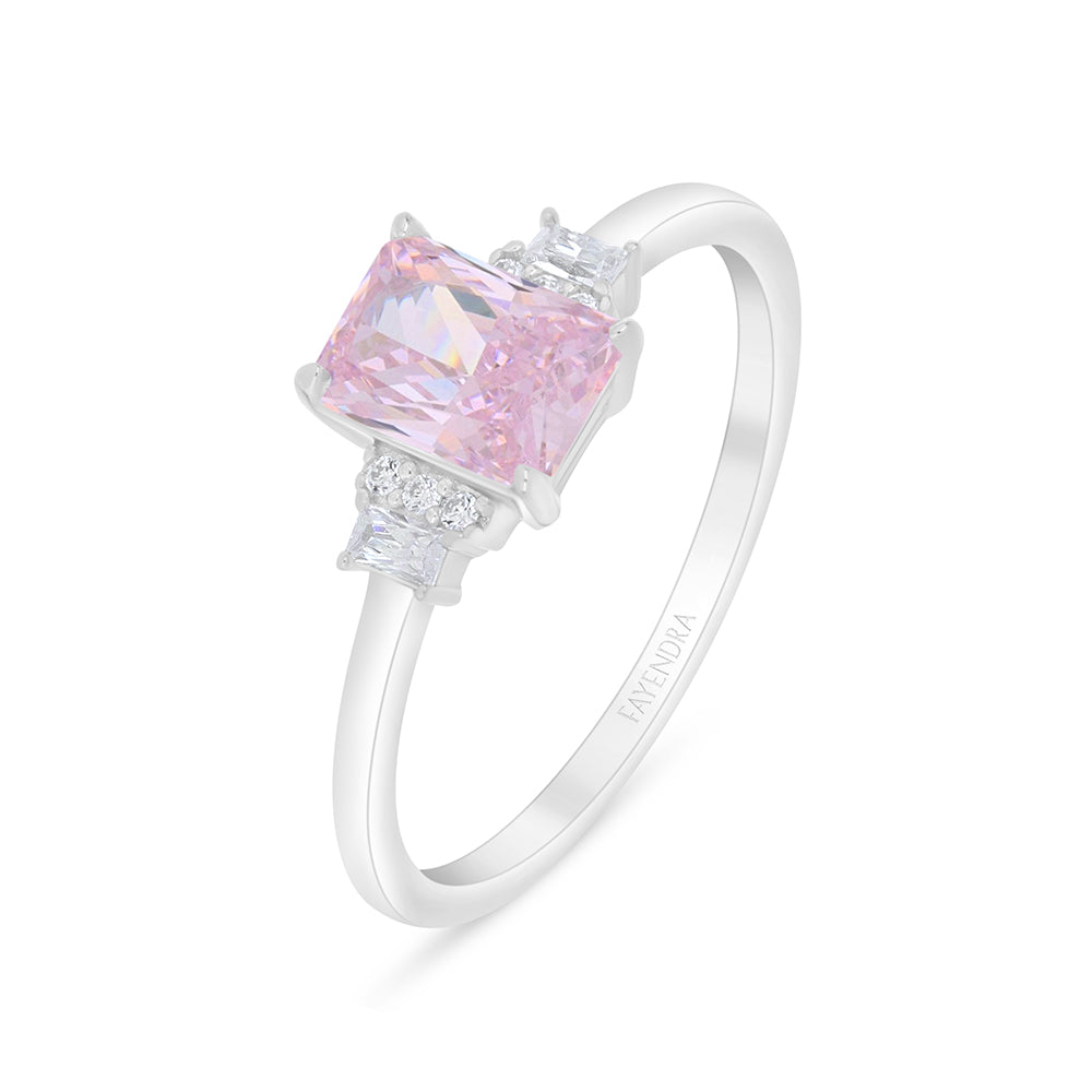 Sterling Silver 925 Ring Rhodium Plated Embedded With Pink Zircon And White Zircon