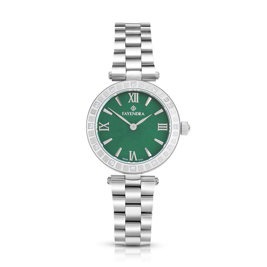 ساعة ستانلس ستيل عيار L316 بلون فضي و فص ابيض - مينا حجر صدف ام اللالئ الاخضر