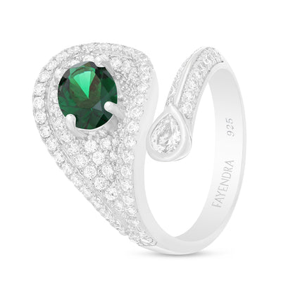 Sterling Silver 925 Ring Rhodium Plated Embedded With Emerald Zircon And White Zircon