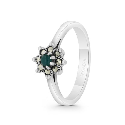 Sterling Silver 925 Ring Embedded With Natural Green Agate And Marcasite Stones