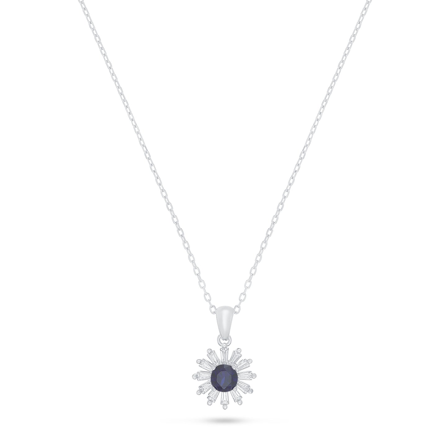 Sterling Silver 925 Necklace Rhodium Plated Embedded With Sapphire Corundum And White Zircon