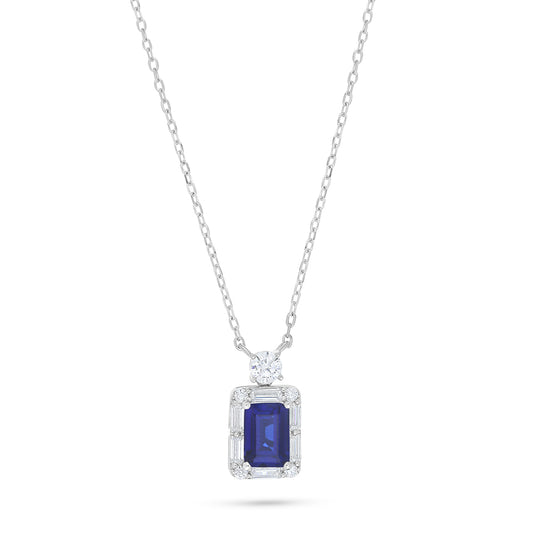 Sterling Silver 925 Necklace Rhodium Plated Embedded With Sapphire Corundum And White Zircon