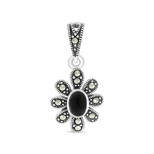 Sterling Silver 925 Pendant Embedded With Natural Black Agate And Marcasite Stones